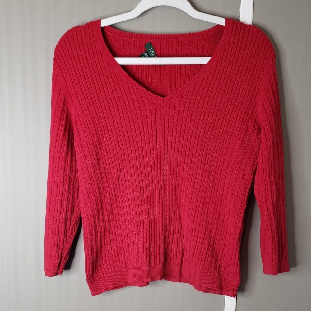 Lauren Ralph Lauren Sweater Cable Knit V-neck Petite Cotton Red Classy Medium PM